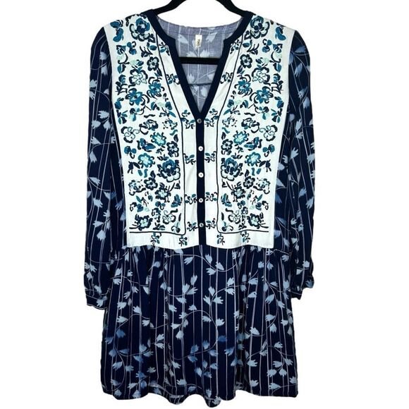 Tiny Anthropologie Semele Shirtdress Blue Motif Floral Embroidered Dress XS - Picture 1 of 8